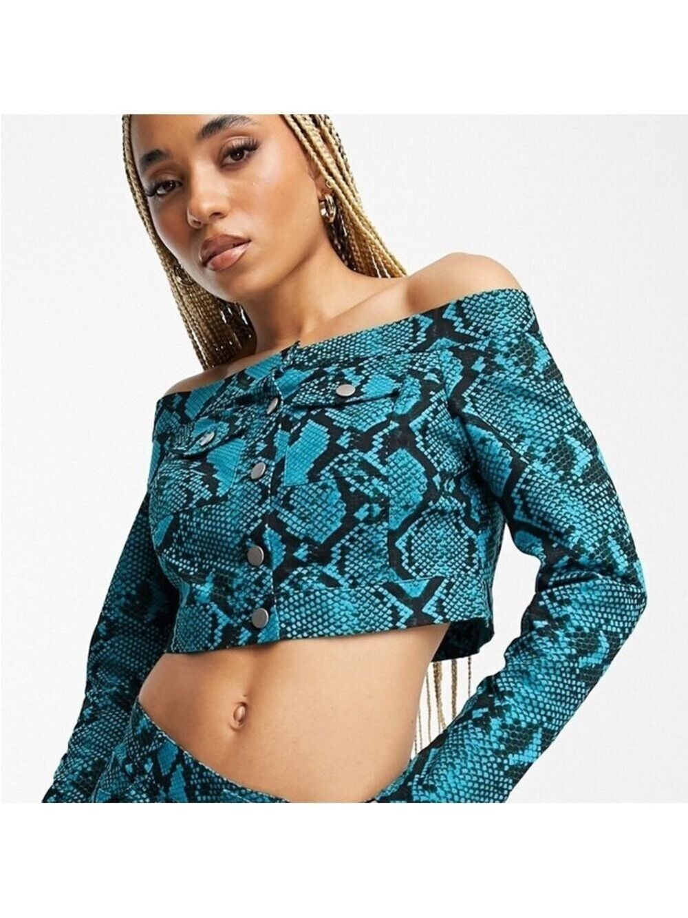 Stylish Blue Snake Print Off-Shoulder Top